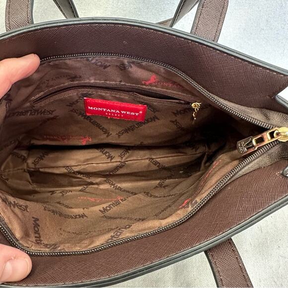 Montana West PU leather brown PU coated leather medium satchel bag gold hardware - Picture 8 of 15